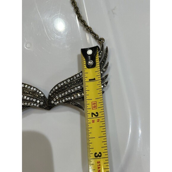 Angel Wings Pendant Necklace Antique Gold CZ Rhinestones Whimsigoth Fairy Grunge - Picture 8 of 8